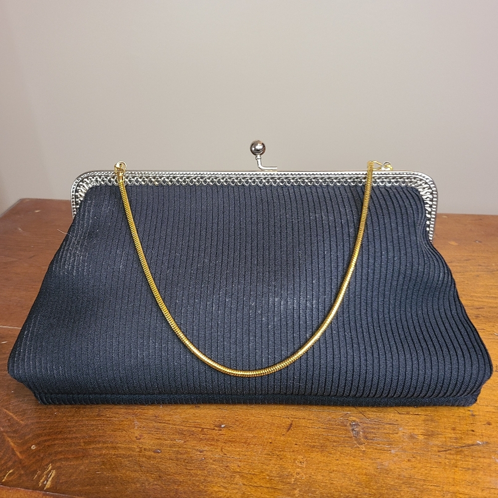 1970s Black Ribbed Clutch with Gold Tone Chain